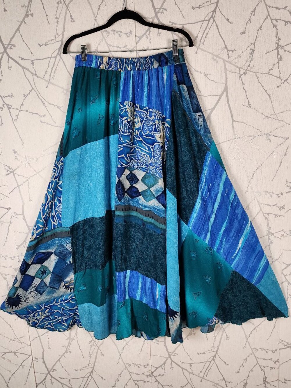 Aquamarine Tribal Patchwork Elastic Waist Flowy Maxi Skirt